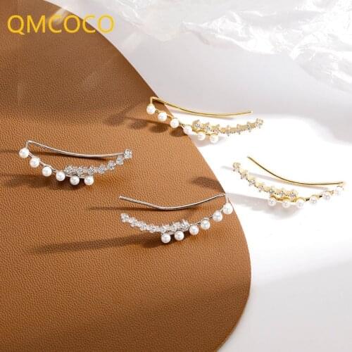 QMCOCO 925 Silver Simple Fashion Pearl Zircon Design Arc-Shape Double Elegant Earrings For Woman Party Jewelry Accessories