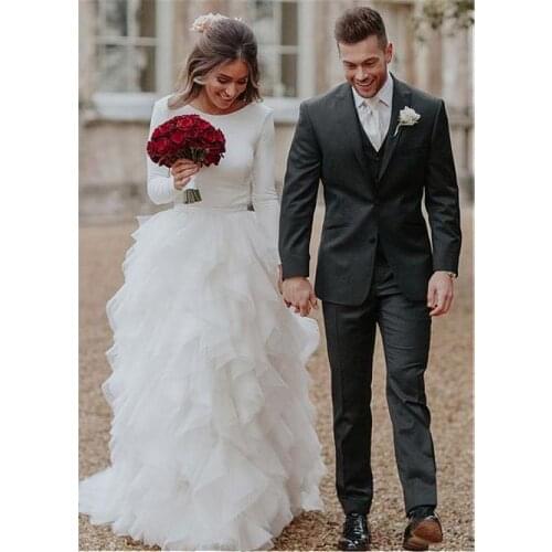 Luxury A Line Wedding Dresses With Ruffled Organza Long Sleeves Open Back Jewel Bridal Dress Custom Made