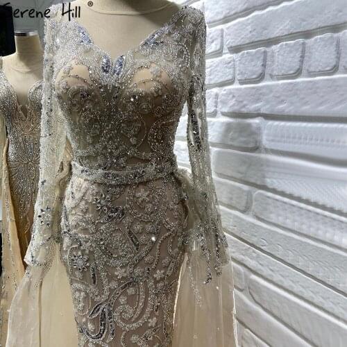 Serene Hill Muslim Nude Silver Overskirt Evening Dresses Gowns 2021 Mermaid Beaded Luxury Elegant For Woman Party DLA71353