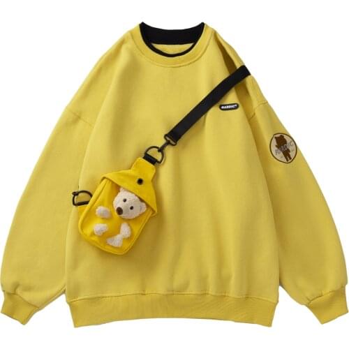 LACIBLE 2021SS Pullover Hoodie Sweatshirt Mens Bear with Bag Harajuku Sweatshirt Oversize Cotton O-neck Pullover Yellow Unisex
