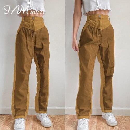 Harajuku Patchwork Street Fashion Corduroy Pants Women Cargo Sweatpants High-waisted Jogging Straight Trouser Outfits Iamhotty