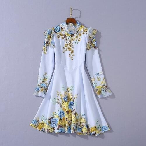 European and American womens clothing 2020 winter new style Long sleeve collar Nail bead Floral print Fashionable dress