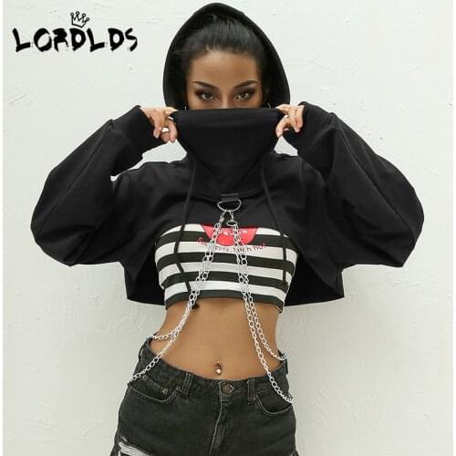 LORDLDS Women cropped hoodie with chain Harajuku Crop Top Hoodie Black Sweatshirts Ladies Streetwear Patchwork Jumper Pull Femme