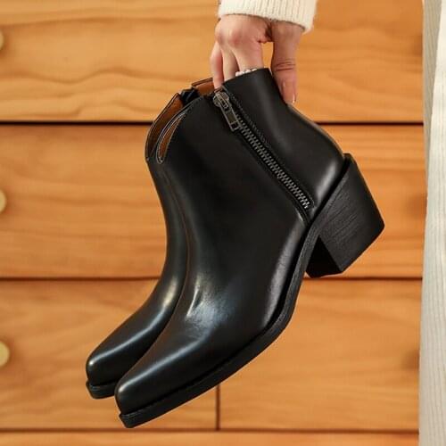 2021 New Clearance Women Leather Boot Genuine Leather Ladies Shoes Pointed Toe 6cm High Heel Ankle Boots Classic Chelsea Booties