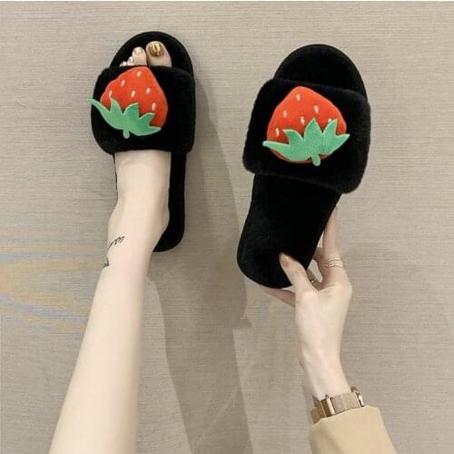 2020 Autumn Winter Home Slippers Women Cartoon Fruit Accessories Ladies Slippers Slip On Fluffy Fur Slippers Zapatos De Mujer