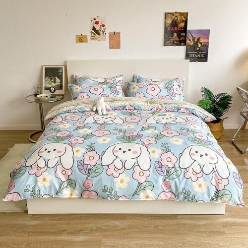 Cartoon Style Duvet Cover Pillowcase 3pcs 200x220,Quilt Cover 220x240,King Blanket Cover,Bunny And Flowers Pattern Bedding Set