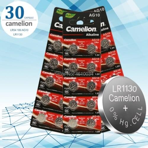 30pcs/lot Camelion Alkaline Button Battery AG10 389 LR54 SR54 Battery Cell 1.5V AG10 LR1130 SR1130W 189 LR1130 Button Batteries