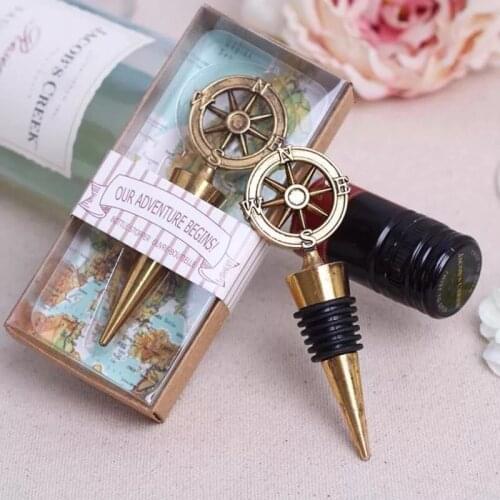 FREE SHIPPING(10pcs/Lot)+"Our Adventure Begins" Antique Compass Bottle Stoppers Destination Wedding Favors Wine Stopper
