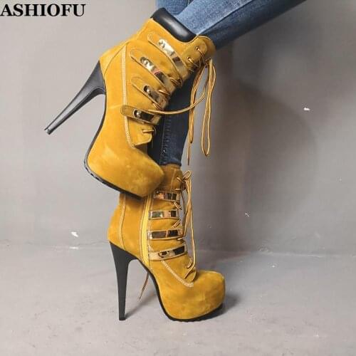 ASHIOFU Handmade Women High Heel Boots Lace-up Real-photos Party Prom Ankle Boots Platform Evening Winter Fashion Boots Shoes