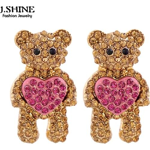 JShine Pink Zircon Heart Shaped Little Bear Stud Earrings Sweet and Cute Cartoon Rhinestone Ear Studs Earrings Fashion Jewelry