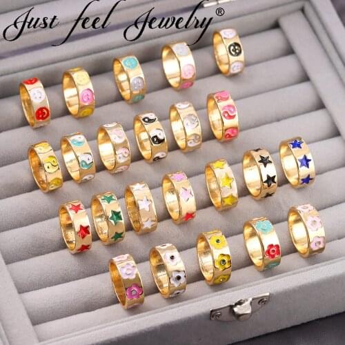 JUST FEEL Cuet Multicolor Enamel Metal Geometric Rings for Women Gold Color Sweet Smiley Flower YinYang Star Ring Jewelry Gift