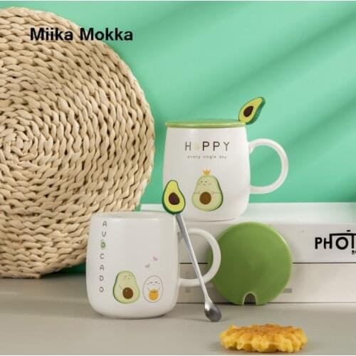 460ML Creative Avocado Coffee Mug with Lid Spoon Breakfast Milk Mug Cute Cartoon Ceramic Cup with Handle Office Water Cup