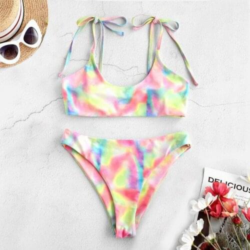 Sexy Tie Dye Bikini Lace Up Bandage Pink Gradient Dot Print Push Up Swimsuit Bathers Beach Bathing Suit Thong Swimwear Biquini