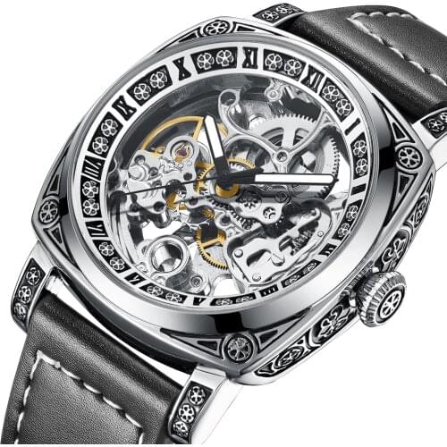 2021 New Luxury Automatic Skeleton Mechanical Business Men Watch Luminous Hands Leather Band Self-Wind Relogio Masculino