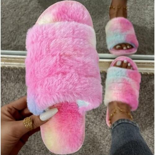 New Women Winter Fluffy Slippers Flat Shoes Warm Multicolored Faux Fur Indoor Slippers Cross Plush Open Toe Female Slippers X-21