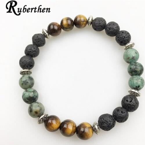Ruberthen New Design Men`s Lava Bracelet Trendy Natural Stone Bracelet High Quality African Tuquoise Tiger Eye Bracelet