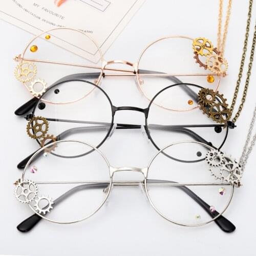 Oulylan Steampunk Glasses Frame Women Vintage Clear Lens Eyeglasses Ladies Lolita Gears Chain Decoration Gold Spectacle Frames