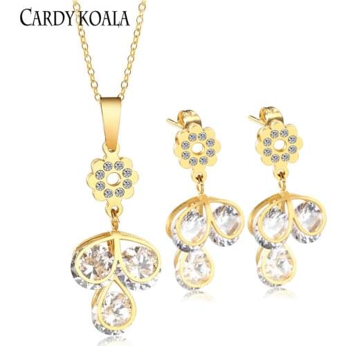 Antique temperament and elegant diamond-studded titanium steel pendant necklace super flash crystal earrings set plated jewelry