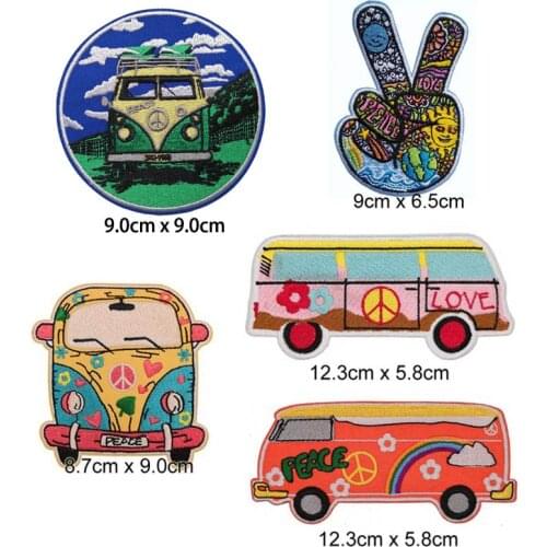 Peace Logo flower rainbow bus embroidered iron on patch, fashion cartoon pattern jacket backpack clothing accessories DIY