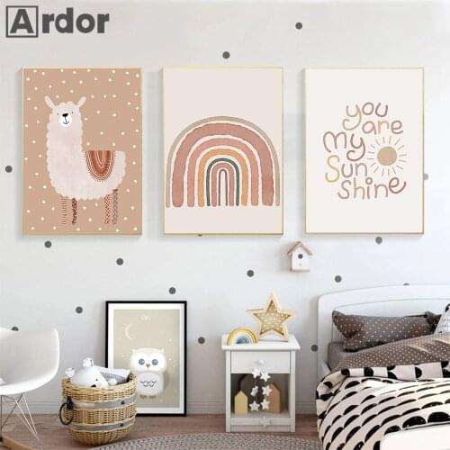 Boho Rainbow Print Canvas Poster Alpaca Painting Nursery Wall Art Prints You Are My Sunshine Quote Wall Pictures Kids Room Decor