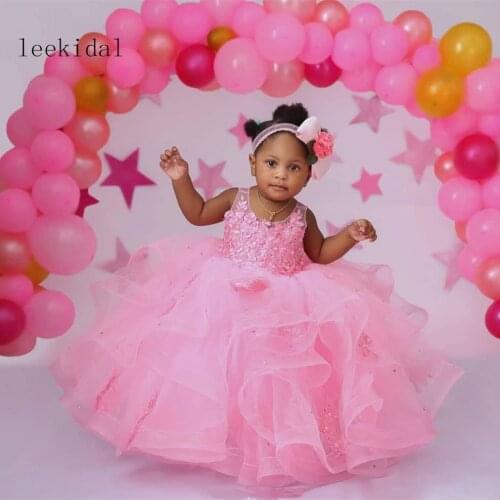 Infant Girls Pink Ball Gowns Flower Girl Dresses Beads Appliqued Puffy Pageant Gowns Girls Tiered Skirts Party Celerity Dress