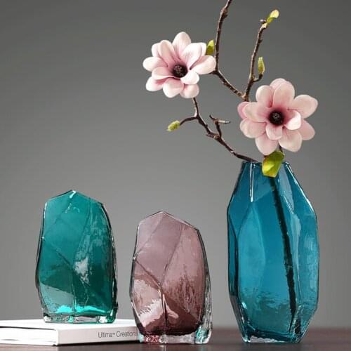 Modern European Geometric Blue Transparent Glass Small Vase Living Room Ornament Flower Arrangement Flower Vase Home Decoration