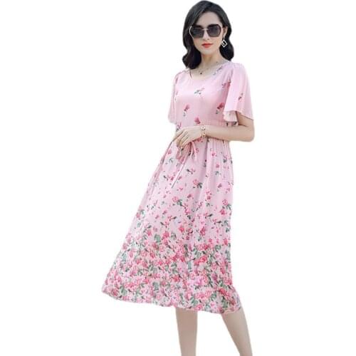 TCL210009 New 2021 Womens Spring Clothing Elegant Women Floral Print Drawstring Slim-Fit Silk Dress for Women