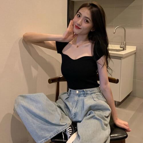 Woman TShirts Womens Square Collar Sweater 2021 Summer Short-Sleeved Top Crop Top Mujer Camisetas