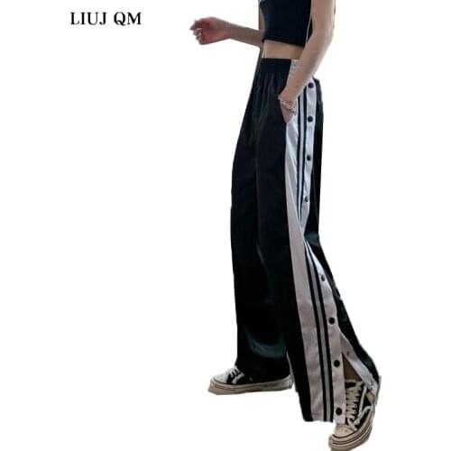 2020 Women Joggers Sweatpants Casual Wide Leg Pants Women Stripe Hip Hop Sweat Pants Streetwear Women Button Trousers Vintage
