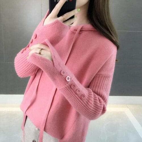 Women Sweaters Tops Korean Loose Pullover Knitwear 2021 New Autumn Winter Hooded Solid Color Casual Female Short Sweater Tops