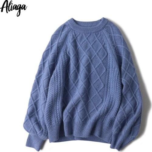Aliaga Autumn Winter Sweater Women Long Sleeve Pullover 100% Cashmere Sweater Ladies Thick Sweater Cable Knit Big Size Pullover