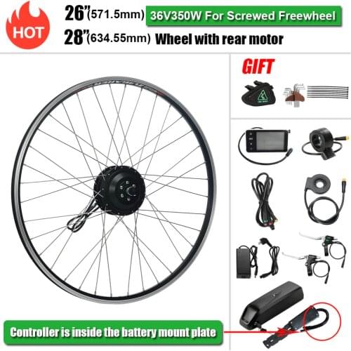 28‘’ 700C 26'' 36V 350W Rear Hub Motor Kit with Battery 36V 12.5Ah Black Motor Wheel Engine Kit Electric Bike Conversion Kit