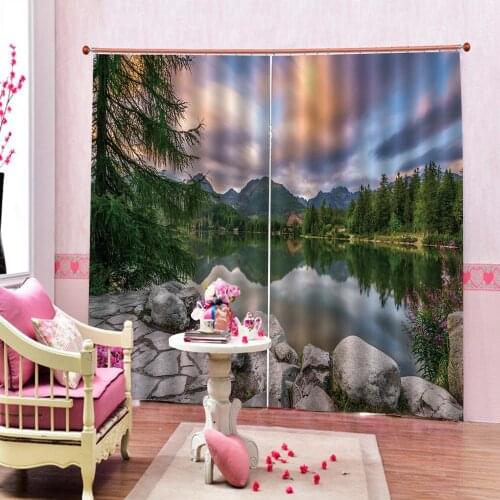 3D Blackout Curtain Pure Mountain Lake Scenery with Trees and Cloudy Sky Nature scenery For Living room Bedroom Drapes Sets