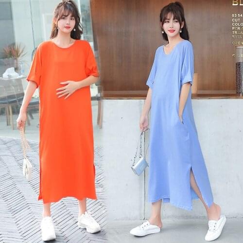 49745# Maternity Dress Summer Cotton Short Sleeves Loose Stylish Mid-Long Dress Pregnant Women Mom Dress