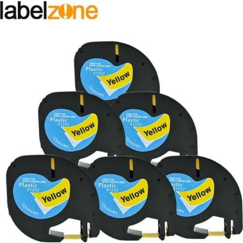 6PCS 12mm Black on Yellow Compatible Dymo Letratag 91202 Plastic Tapes LT91202 Ribbon Label for DYMO Letra Tag Label Maker
