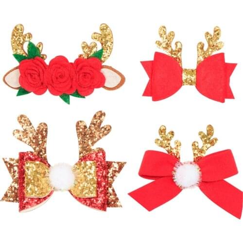 8pcs/lot Glitter Antlers Christmas Hair Bows Girl Hair Clip Fabric Flower Hairpins Pom Ball Kids Barrette Party Hair Accessories