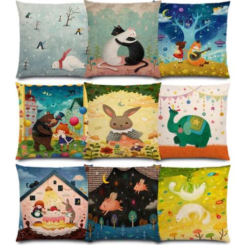Cute Cartoon Animals Lovely Girl Happy Family Party Rabbit Elephant Bear Cat Fox Pig Good Cushion Cover Sofa Pillow Case