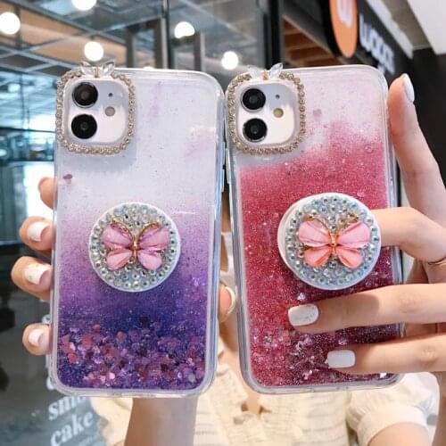 Liquid quicksand Bling Glitter Phone Case For iPhone 11 Pro Max XS XR 8 7 Plus SE Luxury diamond butterfly flower Bracket cover