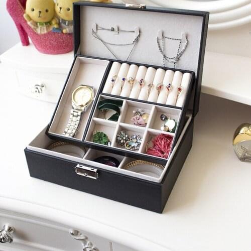 Double-Layer Locked Jewlery Box PU Leather Jewelry Ornament Box Korean Style Hand Jewelry Earrings Necklace Wood Cosmetic Case