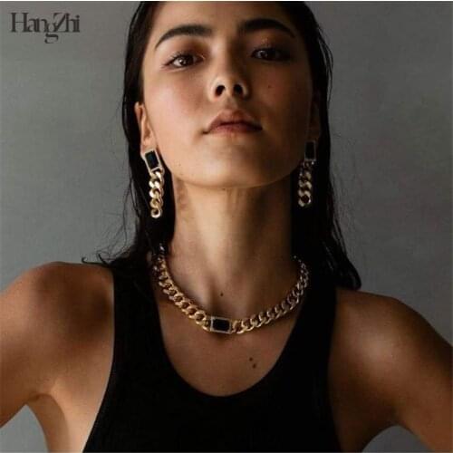 HANGZHI 2020 Punk Gold Titanium Steel Black Cubic Zircon Thick Chain Choker Necklace Exaggerated For Women Men Party Jewelry