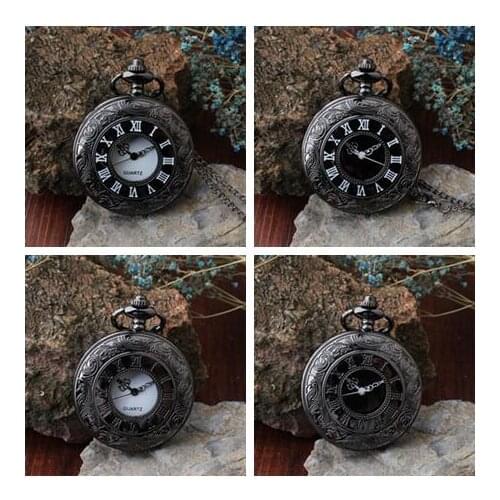 Wholesale 20 PCS/lot Black antique Hollow Roman numerals Dual display Necklace pocket watches gift