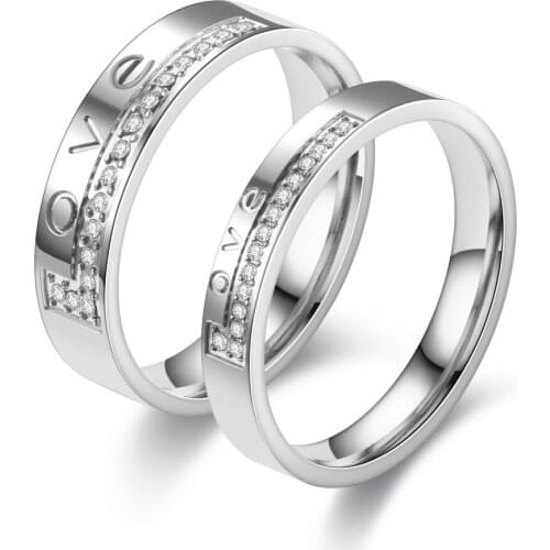 MIQIAO Stainless Steel Titanium Zircon LOVE English Letter Vintage Boho Couple Matching Rings for Men Women Wedding Gift Jewelry
