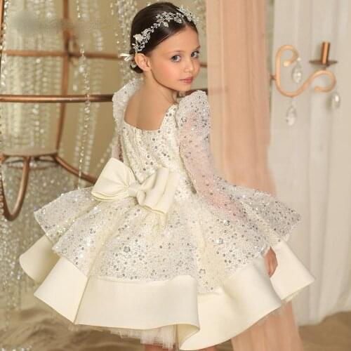 Beautiful Ivory Long Sleeves Princess Flower Girl Dress Pageant Girls Party Dresses Gowns First Communion Dresses