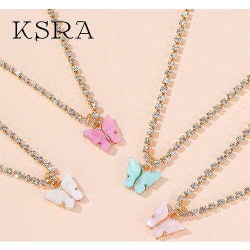 KSRA Fashion New Crystal Butterfly Pendant Necklace For Women CZ Choker Necklace Femme Staement Jewelry 2020