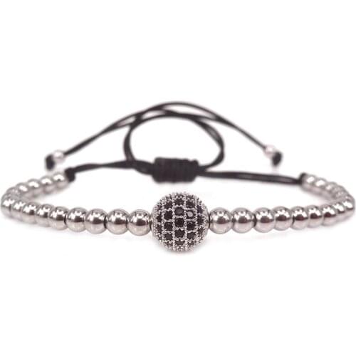 Silver Color Men Bracelets 8mm Micro Pave Black CZ Beads & 4mm Stainless steel Beads Braided Macrame Bracelet Women