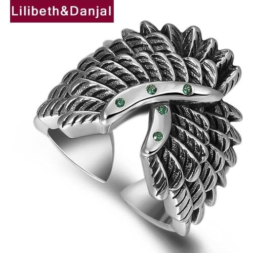 Men Women Adjustable Ring 100% Real 925 Sterling Silver Creative Wings Inlaid natural stone Opening Wedding Ring Jewelry 2019 R5