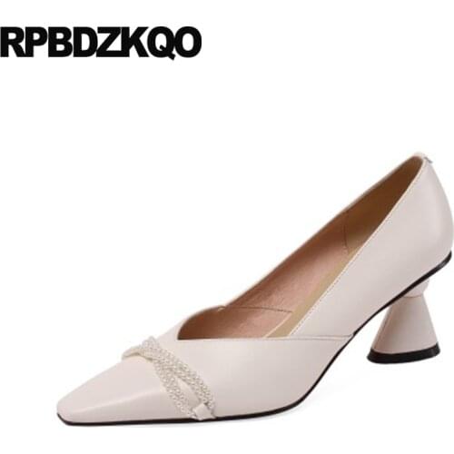 Pearl High Heels Shoes Black Block Celebrity Bridesmaid Girls Square Toe Pumps Slip On Ladies Beige Genuine Leather Chunky Bow