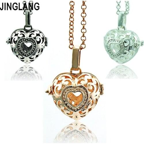 JINGLANG High Quality Pendants Necklace Baby Musical Chime Balls 3 Color Heart Cage Angel Necklace For Women Jewelry