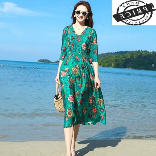 Dress Long Summer Women Silk Elegant Party Dress Beach Slim Dresses Vintage Dresses Print Floral Vestidos Verano LWL1a36