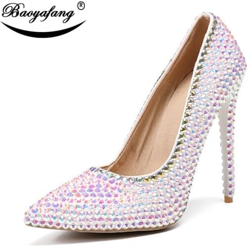 BaoYaFang 11cm Super Thin High heel Pumps Woman Pointed Toe Wedding shoes Bride fashion Pumps Crystal Single shoes Big size